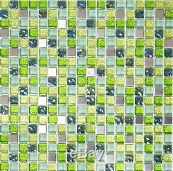 GREEN/SILVER Glitter Translucent Mosaic tile GLASS/STEEL WALL 92-050610 sheet