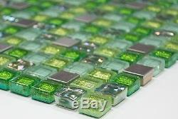 GREEN/SILVER Glitter Translucent Mosaic tile GLASS/STEEL WALL 92-050610 sheet