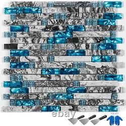 Glass Backsplash Tile Caribbean Sea style Gray Marble Mosaic Sea Blue 12 Sheet