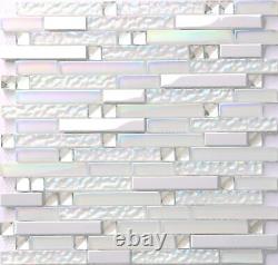 Glass Metal Linear Mosaic Backsplash Tile Iridescent White Glass and Shiny Si