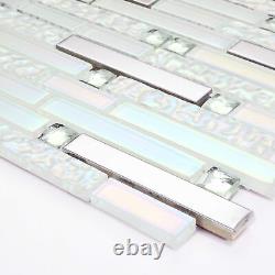 Glass Metal Linear Mosaic Backsplash Tile Iridescent White Glass and Shiny Si