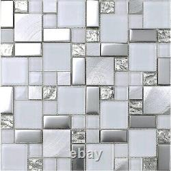 Glass Metal Mosaic Kitchen Tiles Wall French Pattern White Silver Brushed Alu