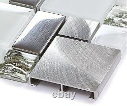 Glass Metal Mosaic Kitchen Tiles Wall French Pattern White Silver Brushed Alu