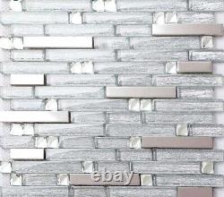 Glass Mixed Metal Linear Wall Tile Silver Shiny Mosaic Kitchen Backsplash B903