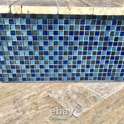 Glass Swimming Pool Tile Splash Shower Wall Floor Waterline Black & Blue