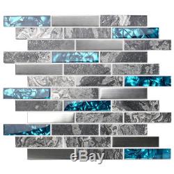 Glass Tiles Nature Stone Gray Marble Stainless Steel Teal Blue Glass Wall Decor