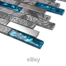 Glass Tiles Nature Stone Gray Marble Stainless Steel Teal Blue Glass Wall Decor