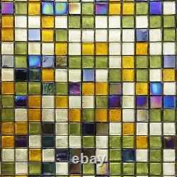 Gold Green Ice Glass Iridescent Blend Kitchen Bath Mosaic Tile Backsplash Wall
