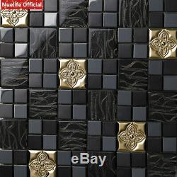 Golden Flower Mosaic 3D Wall Sticker Crystal Glass Stainless Steel Tile Living