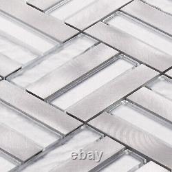 Gray Aluminum Metallic Metal Silver Glass Parquet Mosaic Tile Kitchen Backsplash