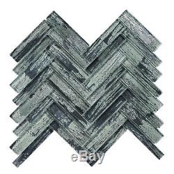 Gray Hand Brushed Pattern Metallic Glass Herringbone Mosaic Tile Wall Backsplash