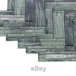 Gray Hand Brushed Pattern Metallic Glass Herringbone Mosaic Tile Wall Backsplash