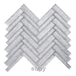 Gray Hand Brushed Pattern Silver White Metallic Glass Mosaic Tile Backsplash