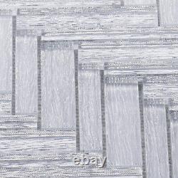 Gray Hand Brushed Pattern Silver White Metallic Glass Mosaic Tile Backsplash