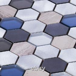 Gray Marble Blue Glass Metallic Aluminum Hexagon Mosaic Kitchen Bath Backsplash