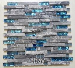 Gray Marble Mosaic Blue Glass Mosaic kitchen Backsplash Bathroom Room Wall Tile