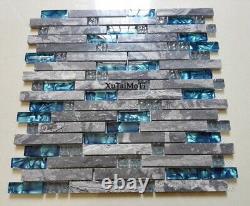 Gray Marble Mosaic Blue Glass Mosaic kitchen Backsplash Bathroom Room Wall Tile