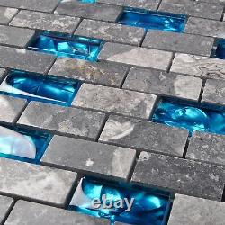 Gray Marble Mosaic Subway Interlock Blue Glass Brick Kitchen Backsplash Tile