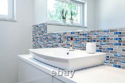 Gray Marble Mosaic Subway Interlock Blue Glass Brick Kitchen Backsplash Tile