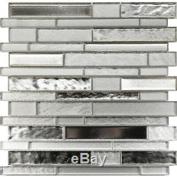 Gray Silver Glass Linear Interlocking Mosaic Tile Backsplash Kitchen Wall