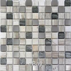 Gray White Marble Stainless Steel Metallic Glass Mosaic TIle Kitchen Wall