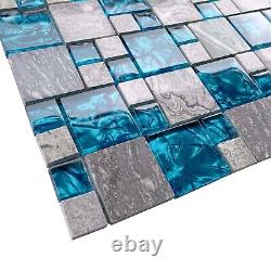 Gray and Teal Backsplash Tile Polished Stone & Glass Mosaic Floor & Wall Tiles