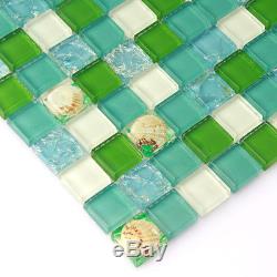 Green Wall Tile Kitchen Backsplash Ocean Blue Crackle Glass Tiles Sea (11PCS)