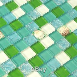 Green Wall Tile Kitchen Backsplash Ocean Blue Crackle Glass Tiles Sea (11PCS)