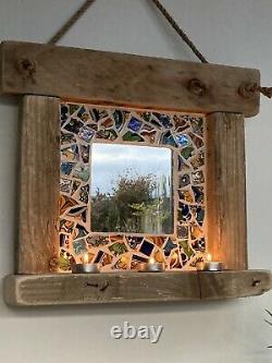 HANDMADE wall mirror, MEXICAN mosaic tiles, glass, CHUNKY reclaimed wood frame
