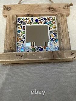 HANDMADE wall mirror, MEXICAN mosaic tiles, glass, CHUNKY reclaimed wood frame