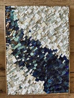 Handmade framed Mosaic Wall Art, stone, glass, smalti tiles, blue/white, abstract