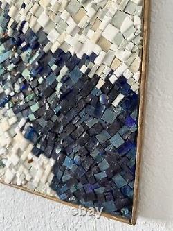 Handmade framed Mosaic Wall Art, stone, glass, smalti tiles, blue/white, abstract