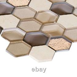 Hexagon Beige Metallic 3D Glass Marble Stone Mosaic Tile Kitchen Bath Backsplash