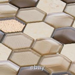 Hexagon Crema Marfil Stone Metallic Beige 3D Insert Glass Mosaic Tile Backsplash