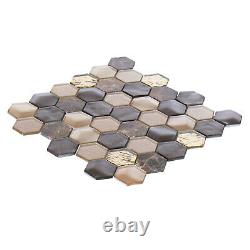 Hexagon Emperador Marble Metallic Brown Gold Beige Glass Mosaic Tile Backsplash