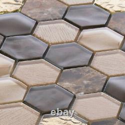 Hexagon Emperador Marble Metallic Brown Gold Beige Glass Mosaic Tile Backsplash