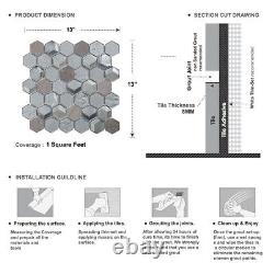 Hexagon Gray Marble Metallic Gray Silver Insert 3D Glass Mosaic Tile Backsplash