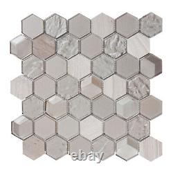 Hexagon Gray White OakMarble Stone Metallic Gray Glass Mosaic Tile Backsplash
