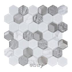 Hexagon White Carrara Marble Stone Metallic Gray Glass Mosaic Tile Backsplash