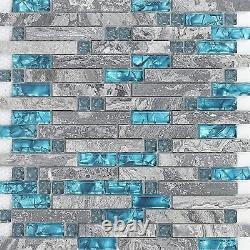 Hominter 11-Sheets Glass Stone Backsplash Tile, Polished 11 Sheets, Teal Blue