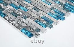 Hominter 11-Sheets Glass Stone Backsplash Tile, Polished Gray and Teal Blue Wall