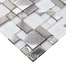 Hominter 11-Sheets Silver Coated Glass Backsplash Tile Brushed Aluminum Metal