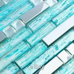 Hominter 11-Sheets Teal Blue Glass Backsplash Tiles, Cyan Bathroom Wall Tiles