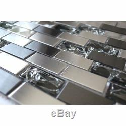 Ice Crackle Glass Mosaic Mixed Brushed Stainless Steel Metal Subway Wall Tile