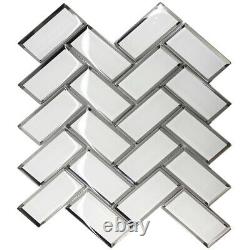 Ice White Silver Border Outline Herringbone Glass Mosaic Tile