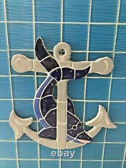 Italian Ceramic Dolphin & Anchor Nautical Wall Hanging Mosaic Art Sea Glass Tile
