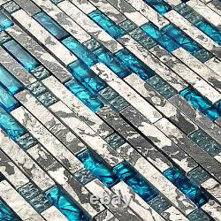 Kitchen Mosaic Backsplash Tile Gary Stone Mosaic Glass Blue Tiles Marble(11PCS)