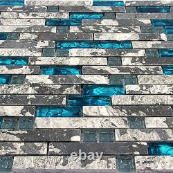 Kitchen Mosaic Backsplash Tile Gary Stone Mosaic Glass Blue Tiles Marble(11PCS)