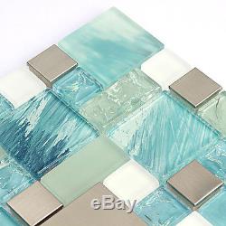 Kitchen Mosaic Blue Glass Tile White Printed Wall Tiles BacksplashPack of 11PCS