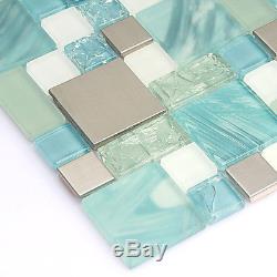 Kitchen Mosaic Blue Glass Tile White Printed Wall Tiles BacksplashPack of 11PCS